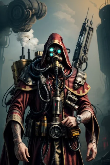 ((masterpiece,best quality)), absurdres, BREAK
mechanical arms, robes, hood, BREAK
((techpriest)), cyborg, mechanical face, mechanical limbs, gas mask, mechanical tentacles, (mechanical backpack), BREAK
1other, solo, holding pistol, firearm, handgun, pistol, gun, BREAK
factory background, smoggy sky, air pollution, smokestacks, BREAK
(internet horror face)