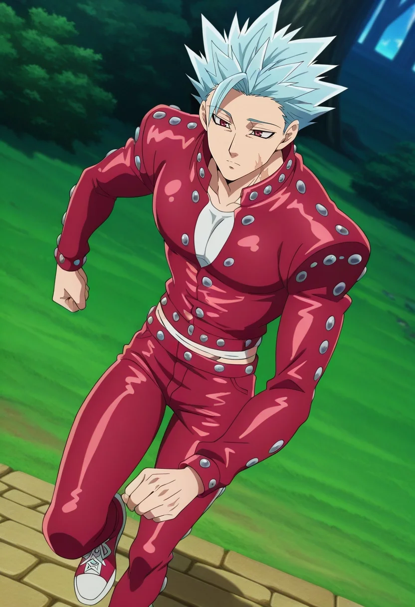 masterpiece, best quality, , anime screencap, anime coloring, official style, , 1boy, solo, male focus, <lora:ban_nanatsu_no_taizai_ilxl:0.92>, ban_nanatsu_no_taizai, blue hair, red eyes, spiked hair, scar, leather jacket, red jacket, leather pants, , Running shorts, Floral SteelBlue Broderie anglaise Graphic long-sleeve shirt, Sneakers, ,