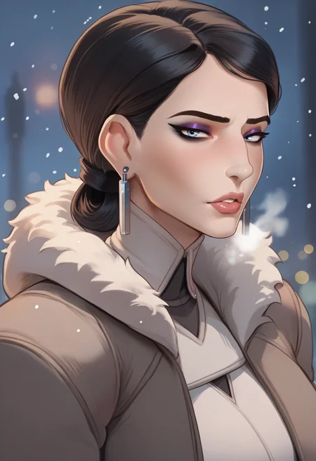 score_9, score_8_up, score_7_up, score_6_up, 1girl, <lora:volskayaOW-ponyxl-beta3-10:1>, mature female, single hair bun, earrings, makeup, puckered lips, :o, looking ahead, <lora:cutesexyronutts_style_xl:0.8> csr style, serious, light blush, bokeh, snowing, white clothes, turtleneck, huge breasts, (breath), hood, hood up, fur trim, winter clothes, winter coat, brown coat, sigh, nose, black hair, cold,