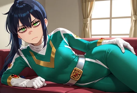 score_9, score_8_up, score_7_up, BREAK,
1girl, solo, sentaisaintforce, green bodysuit, silver belt, white gloves, spandex, m-shaped chest symbol, helmet removed, no headwear, reneegr, black hair, ponytail, sidelocks, long hair, green eyes, jitome, (bags under eyes:1.5), frown, annoyed, tired, looking at viewer, on side, hand on hip, indoors, room, sofa, Expressiveh