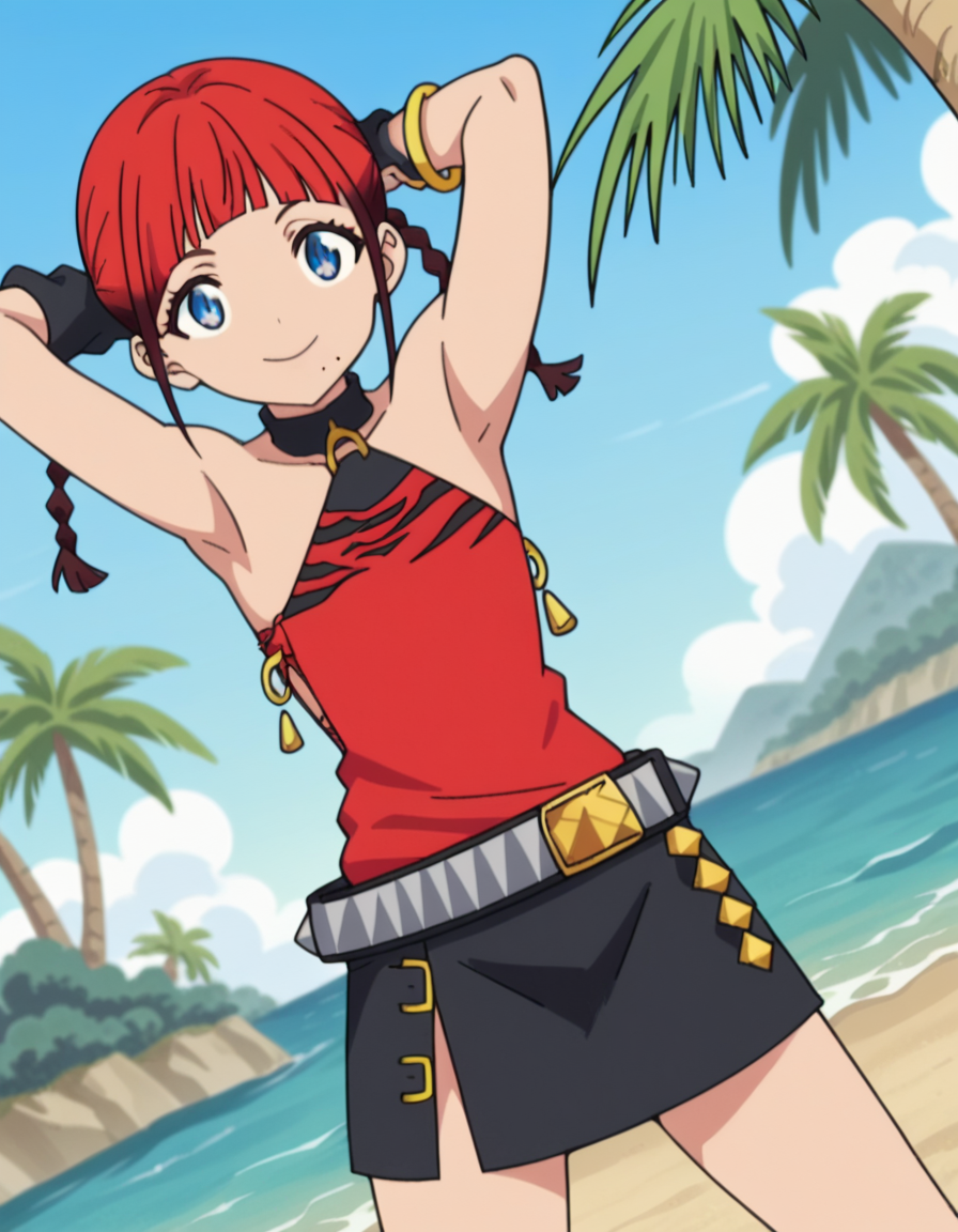 score_9, score_8_up, score_7_up, source_anime, <lora:chise-asukagawa-s1-ponyxl-lora-nochekaiser:1>, chise asukagawa, short hair, blue eyes, braid, red hair, multicolored hair, mole, twin braids, gradient hair, mole under mouth, anime screencap,, skirt, gloves, bare shoulders, jewelry, belt, fingerless gloves, bracelet, sleeveless, red shirt, black skirt,, oasis, water, palm trees, desert, life, smile, hands behind head,, looking at viewer, solo,, dutch angle, cowboy shot