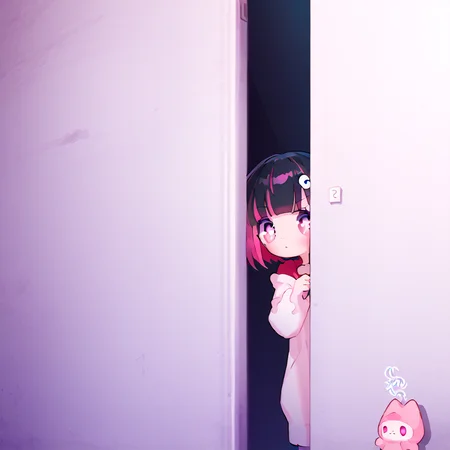 <lora:Berta_Delica:1> black hair, pink hair, multicolored hair, symbol-shaped pupils
<lora:PeekingOut_pdxl_Incrs_v1:0.8> peeking out, upper body, hiding behind wall