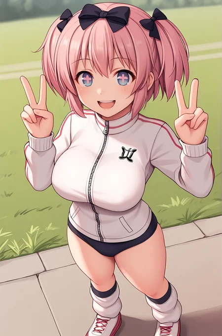 anime artwork, score_9, score_8_up, score_7_up, source_anime, BREAK, thick outline, fat outline,
Hibari_XL, purple eyes, cross-shaped pupils, pink short hair, short twintails, black hair bows, large breasts, BREAK, Hibari_Shinobi, track jacket, buruma, leg warmers, pink sneakers, BREAK, outdoors, double v sign, from above, smiling,
<lora:Hibari_XL_r1:0.7>
<lora:PersonalAmi_PonyXL:1.0>