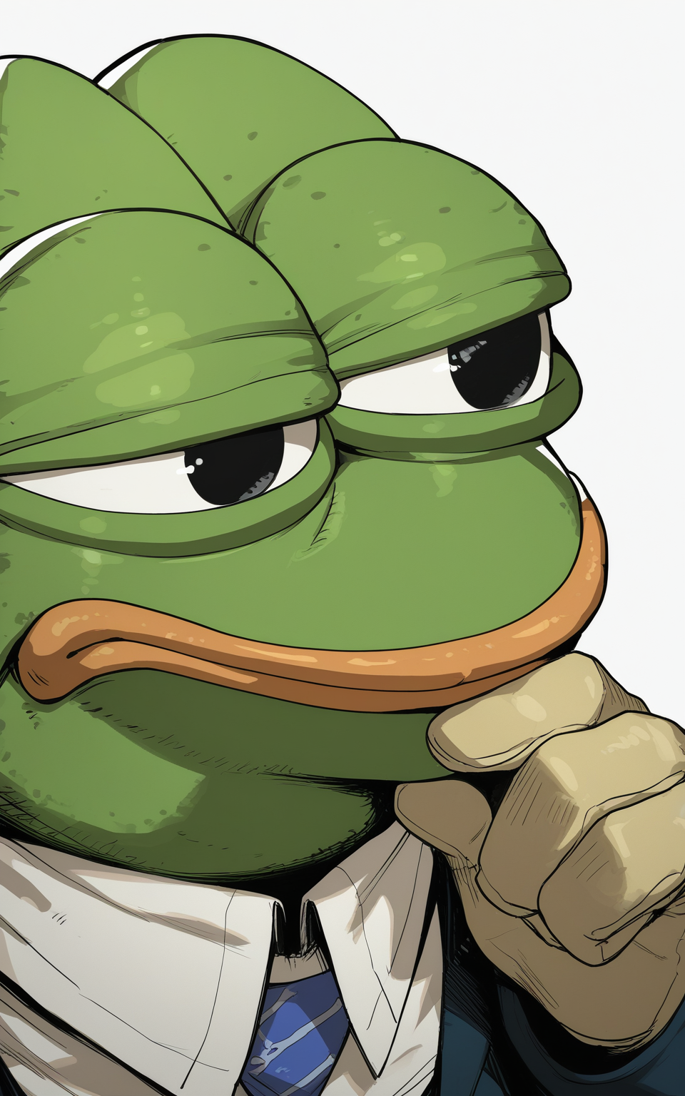 masterpiece, best quality, very awa, highres, absurdres,
<lora:Lilminindahouse  v1 - NoobAI 1.0 V-Pred:1>
pepe the frog, smile, half-closed eyes, 1boy, hand on own chin, thinking,
