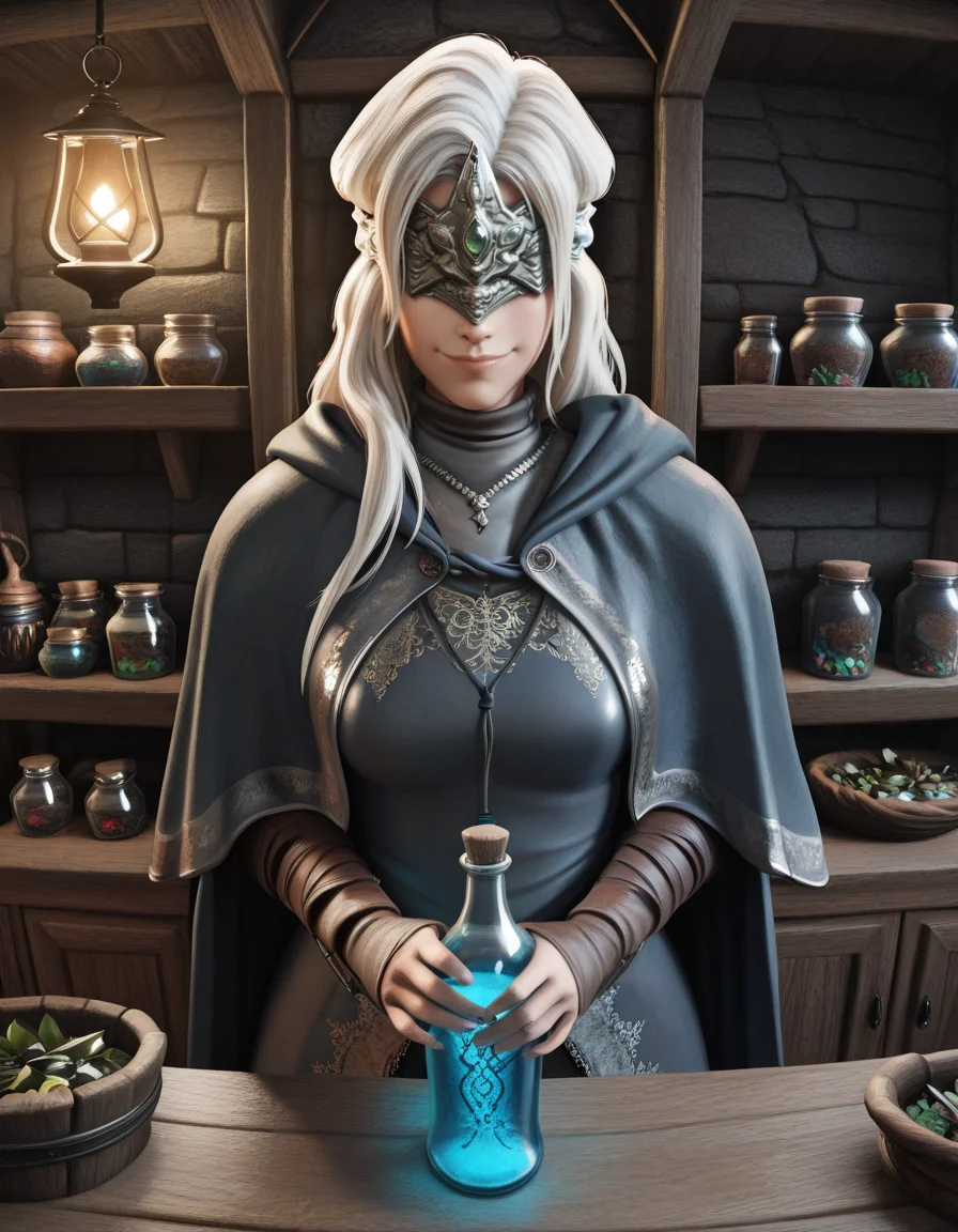 <lora:Nyl2_style_22:0.25>, nyl style, nyl_style, 3D, <lora:Overwatch_Cinematic_ILLUS_4_LAST:0.25>, <lora:hex3d:0.25>, hex3d, <lora:General_Butch_Style:0.25>, genbutch style, 1girl, solo, a female merchant, insightful gaze, conspiratorial smile, dark fantasy, looking at viewer, medieval clothes, alchymy shop, complex background, shelves with flasks with unknown liquids and jars with unknown powders in the background, enchanted potions, colorful bottles, shelves filled with jars of herbs and spices, holding bottle of glowing potion, wooden cabinets with intricate carvings, vintage apothecary scales, wooden counter with drawers, antique medical equipment, hanging baskets with dried herbs, soft ambient lighting from a hanging lantern, rustic and historical ambiance, hand on the counter, (masterpiece, best quality, ultra-detailed, absurdres, newest, detailed textures, correct anatomy:1), complex background, <lora:FireKeeper1llust:0.7>, fire keeper, fire keeper \(dark souls 3\), long hair, white hair, covered eyes, mask