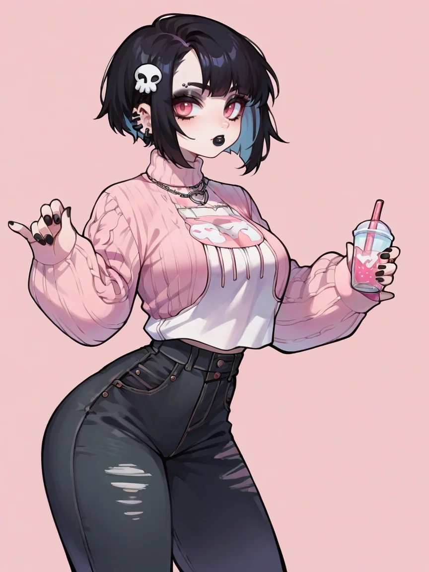 score_9, score_8_up, score_7_up, score_6_up, <lora:m1n0XLP:0.8> m1n0, 1girl, curvy, pink background, goth, pants, sweater