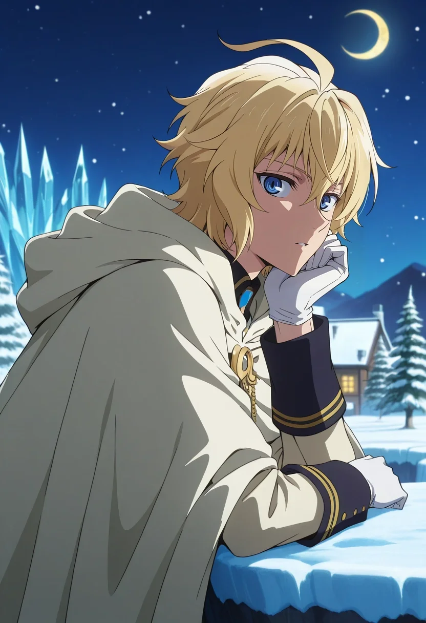 masterpiece, best quality, intricate details, anime screencap, anime coloring, official style, looking at viewer, 1boy, solo, male focus, <lora:mikaela_hyakuya_ilxl:0.9>, mikaela_hyakuya, blonde hair, blue eyes, short hair, hair between eyes, bangs, ahoge, white gloves, cape, from side, snowy town, snow, ice, stalagmite, night, crescent moon, arm support, relaxed,