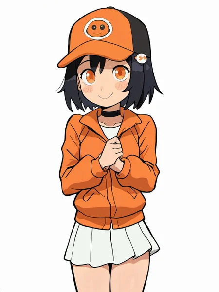 masterpiece, best quality, amazing quality, very aesthetic, high resolution,
gns1s1r, 1girl, solo, black hair, big orange eyes, blush, solo, smile, looking at viewer, cowboy shot, orange jacket, shirt, black choker, baseball cap, headwear, skirt, orange-themed hair ornament, white background,
<lora:gnsisir_style_v2_epoch_7:0.9>,