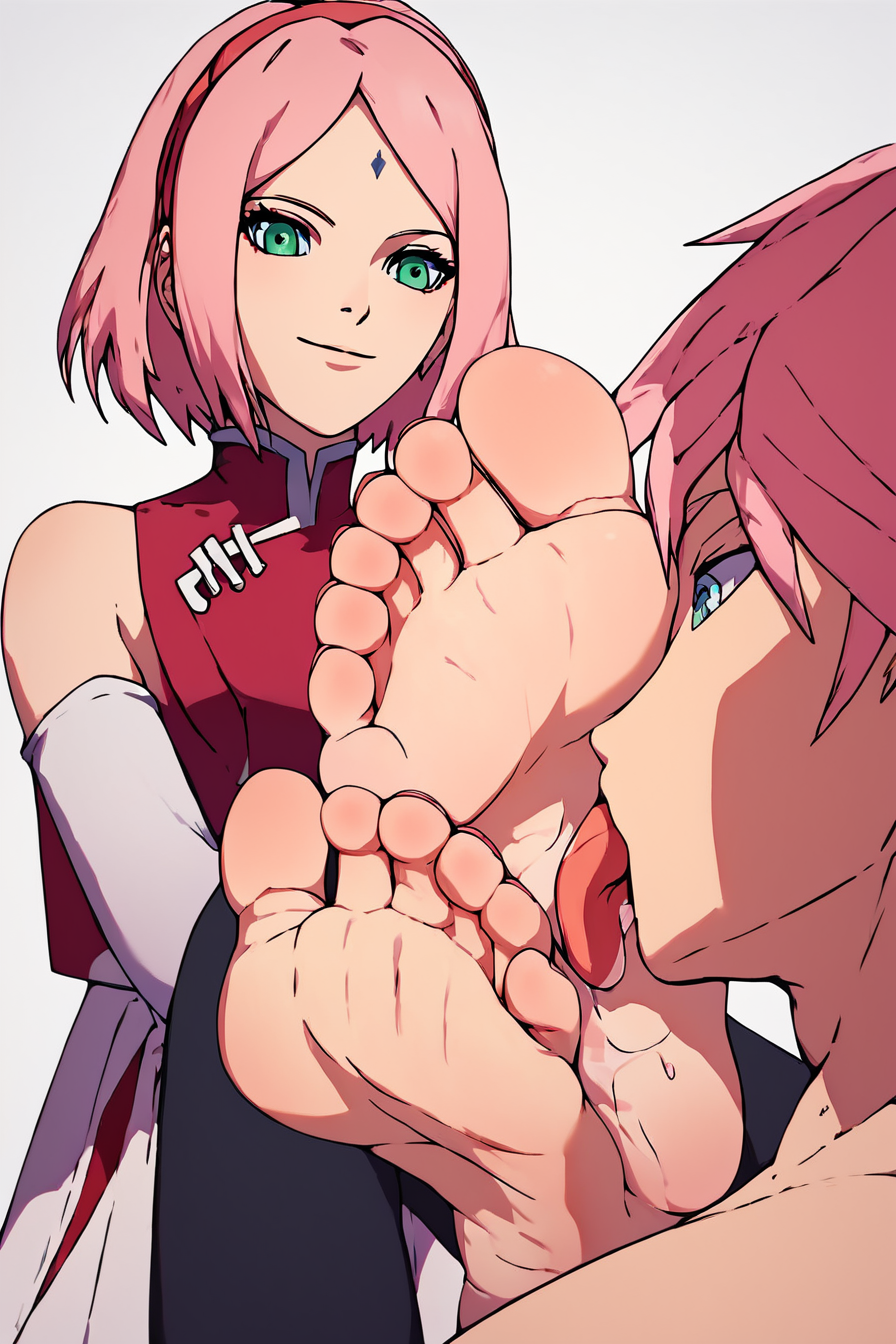 core_9, score_8_up, score_7_up, score_6_up, score_5_up, score_4_up,   <lora:SakuraAdamW8:0.8>, sakurabr, haruno sakura, forehead mark, hairband, <lora:foot_worship:1>, 1girl, 1boy, feet, barefoot, toes, toenails, 5_toes, legs, licking foot, foot worship, femdom, giant feet, looking down, masterpiece, highres, highly detailed face, highly detailed shining eyes, symmetrical highly detailed eyes, simple background ,