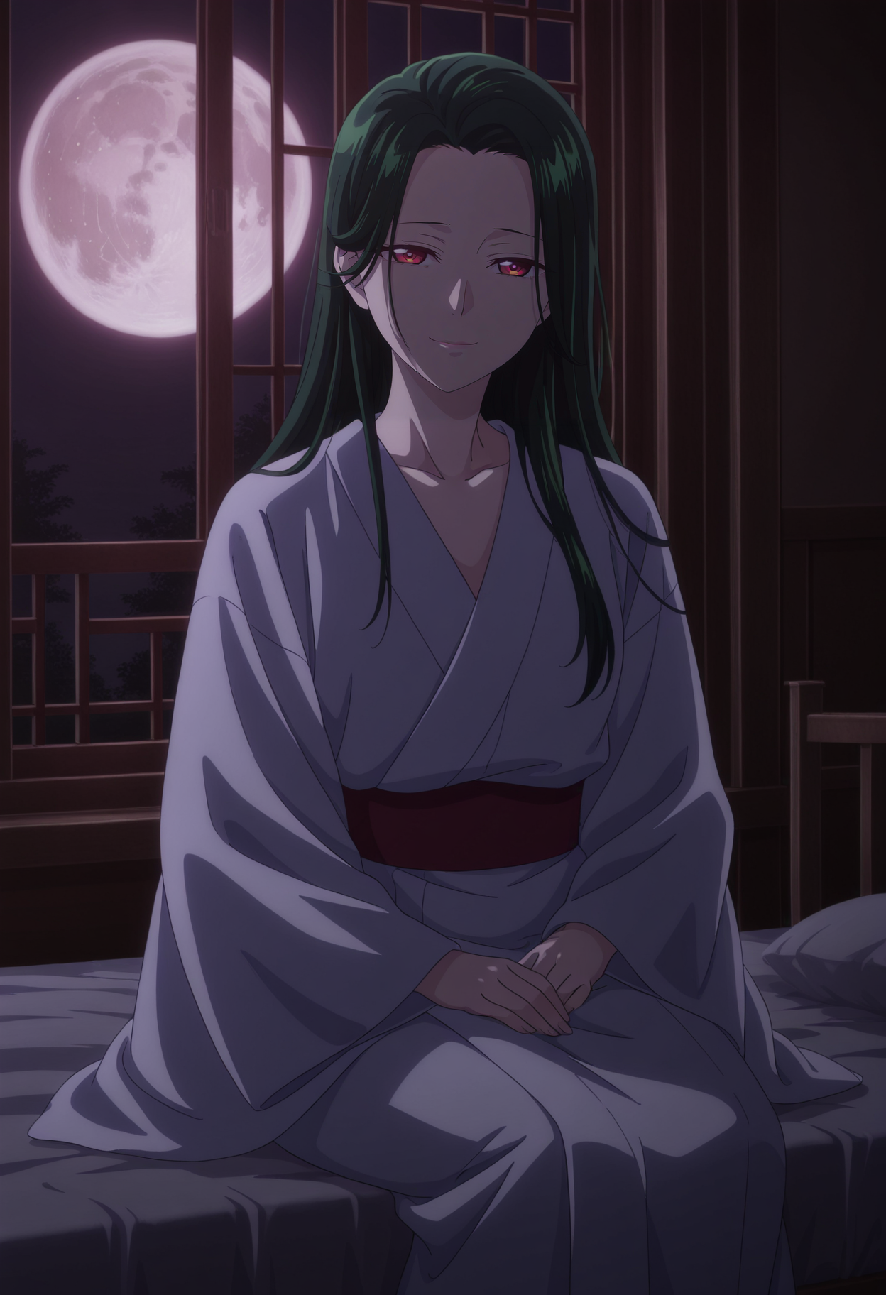 1girl,solo,mm,mature female,green hair,black hair,long hair,red eyes,anime coloring,
yukata,sitting,on bed,window,full moon, indoors,looking at viewer, sad smile
,masterpiece,best quality,amazing quality,<lora:Fengxian-The_Apothecary_Diaries:0.8>