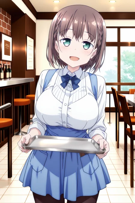 anime screenshot, 1girl, solo, ai-chan (tawawa), brown hair, short hair, braid, hair ornament, aqua eyes, large breasts, white shirt, collared shirt, long sleeves, blue bowtie, blue skirt, pleated skirt, blue apron, black pantyhose, tray, looking at viewer, smile, open mouth, cowboy shot, cafe, masterpiece, best quality, high quality, highres, absurdres, <lora:ai-chan_tawawa-s1_ILXL:0.9>