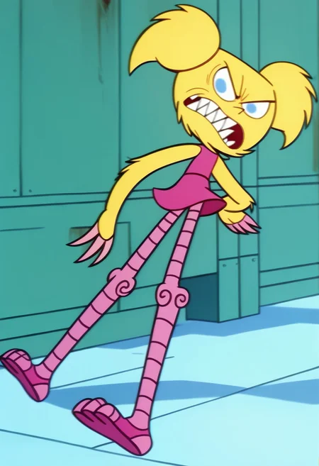 score_9, score_8_up, score_7_up BREAK DeeMon, 1girl, blonde fur, light blue eyes, sharp pointy teeth, pink claws, pink legs, sleeveless pink dress, flatshaded, flatshading, flat shading, screenshot, official art, parody, cartoon footage, official design, screencap, cartoon screenshot, official screenshot, 2d, cartoon, source_cartoon, solo, solo focus, angry at viewer, full body,