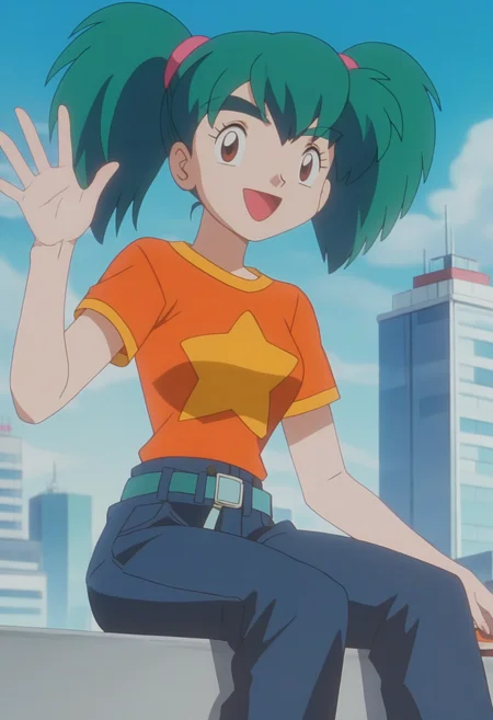 score_9, score_8_up, score_7_up, score_6_up, anime screencap, anime coloring, <lora:PMDuplica:0.9>, PMDuplica, 1girl, solo, brown eyes, green hair, bangs, twintails, hair tie, thick eyebrows, 
short sleeves, t-shirt, orange shirt, star print, belt, jeans, orange footwear,
sitting, looking at viewer, smile, open mouth, waving arms, 
BREAK, cityscape, blue sky, sunlight,