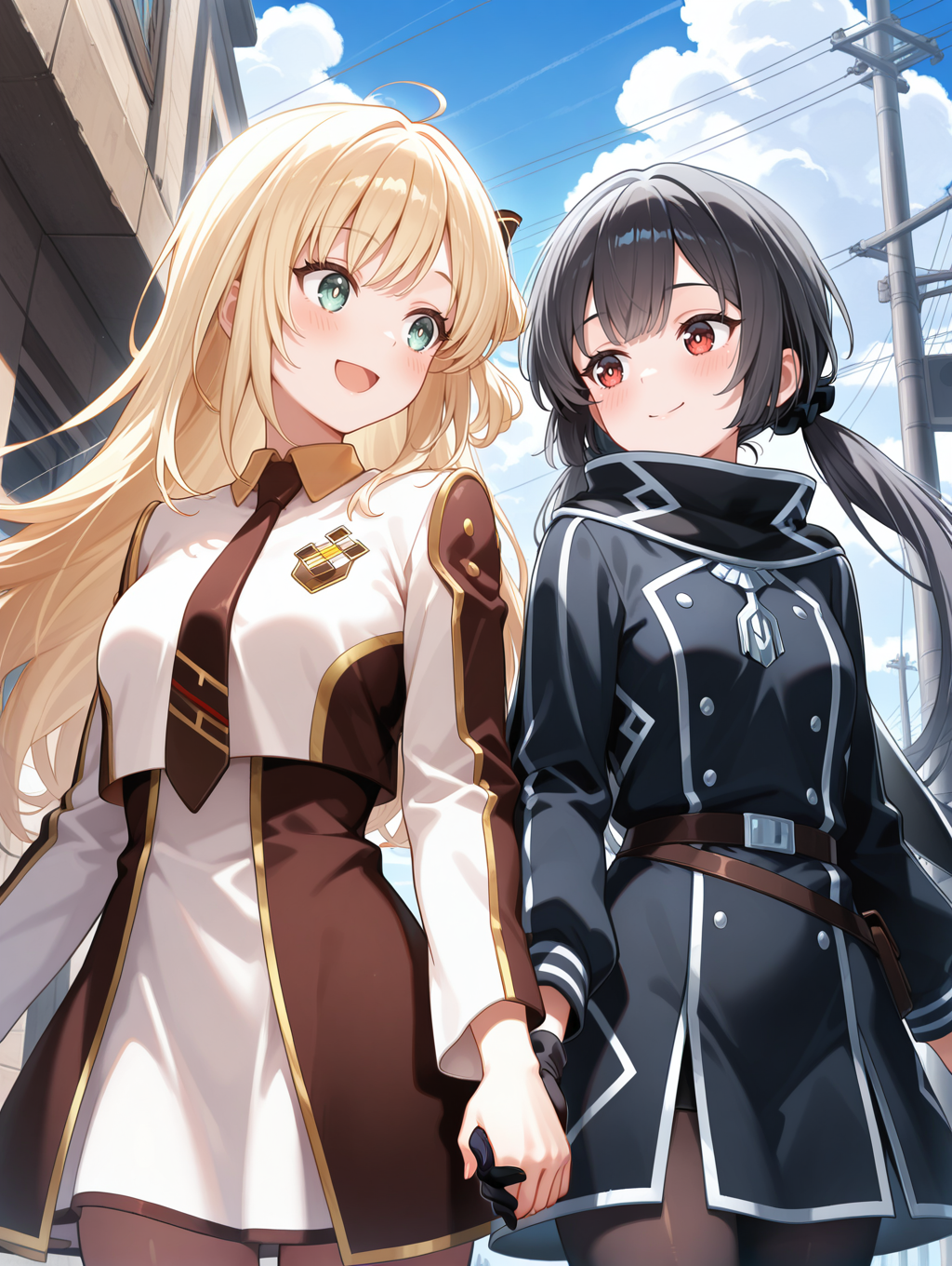 2girls, smile, holding hands, cloud, open mouth, blue sky, upper body, looking at another, low twintails, closed mouth, outdoors, blush, sky striker ace - raye, ordinary uniform, brown hair ornament, white cropped jacket, brown waist cape, white collared dress, brown necktie, sky striker ace - roze, black scarf, black military uniform, black gloves, black pantyhose, black hair ornament,
masterpiece,best quality,amazing quality,very aesthetic,absurdres,newest,<lora:Sky striker ace - Raye & Roze illusXL v1.1:0.71>,