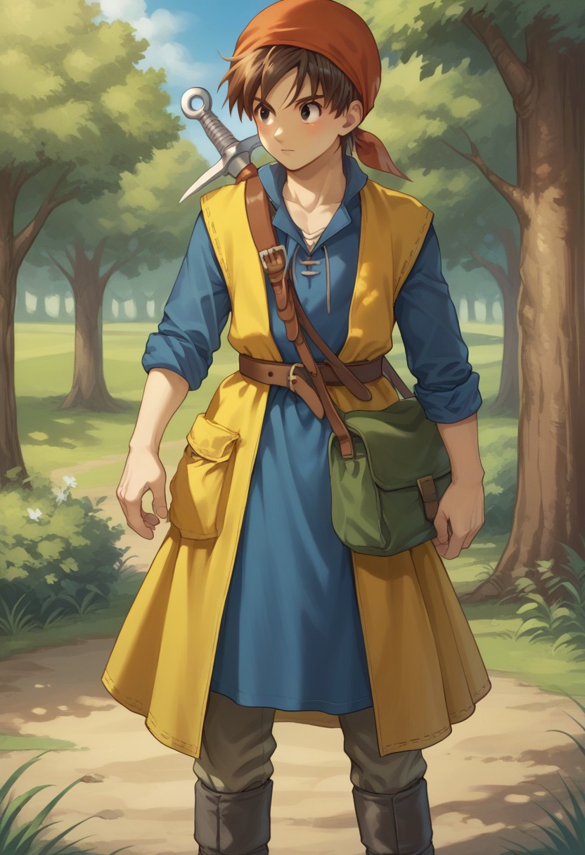 score_9, score_8_up, score_7_up, source_anime, highly detailed, 
herodq, 1boy, male focus, solo, bandana, red bandana, brown hair, short hair, black eyes, tunic, blue tunic, long sleeves, sleeves rolled up, coat, yellow coat, sleeveless coat, belt, pants, pants tucked in, bag, pouch, boots, brown footwear, weapon, sword on back, sheat, sheathed,
outdoor, wood,