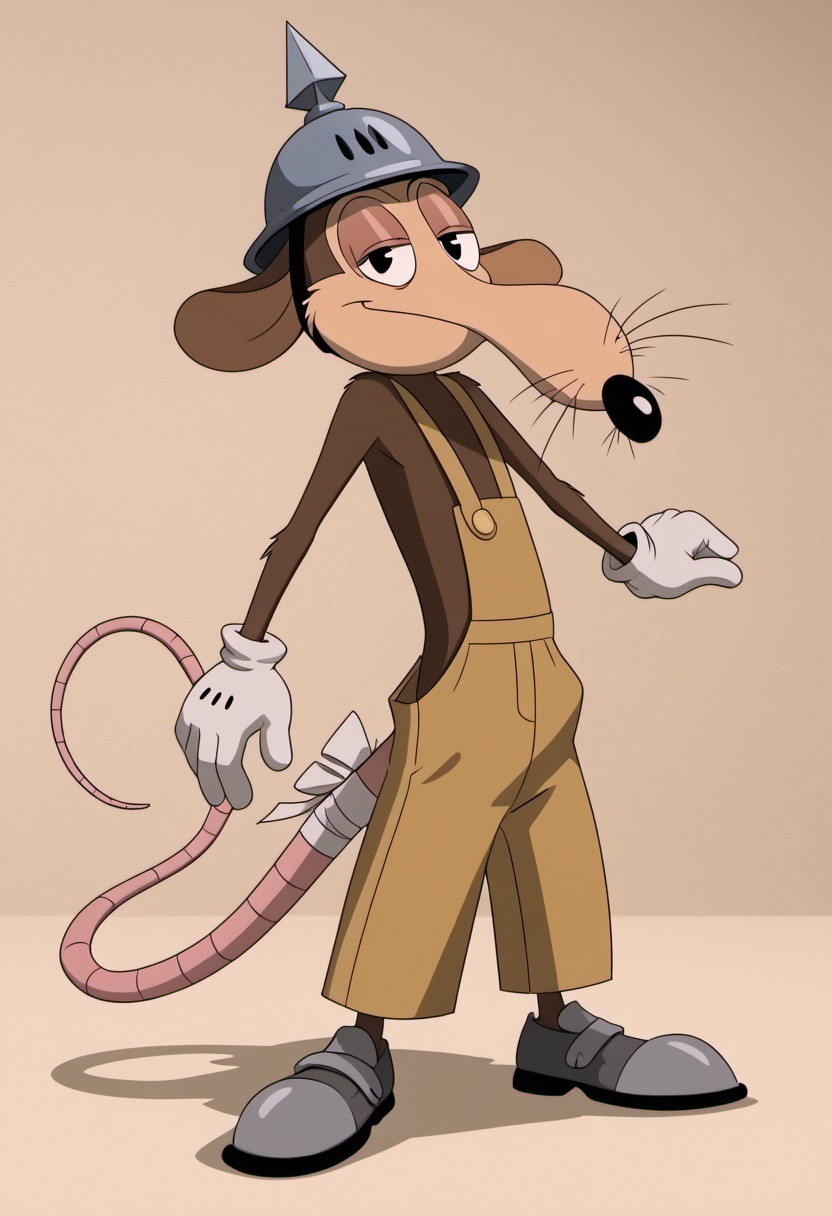 score_9, score_7_up, (masterpiece, extreme detail, best quality), solo focus, male, Werner Werman, mouse, black eyes, brown fur, whiskers, pointy nose, spiked helmet, rat tail, light brown overalls, lederhosen, grey footwear, grey shoes, perfect hands, white gloves, gloves, full-length portrait, skinny, petite, smile, half-closed eyes, smug, looking at viewer, flirty, sexy pose, source_photo, extremely detailed, pattern background, shadow, shading, realistic, bandaged tail