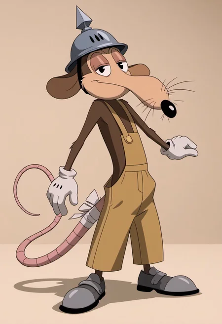 score_9, score_7_up, (masterpiece, extreme detail, best quality), solo focus, male, Werner Werman, mouse, black eyes, brown fur, whiskers, pointy nose, spiked helmet, rat tail, light brown overalls, lederhosen, grey footwear, grey shoes, perfect hands, white gloves, gloves, full-length portrait, skinny, petite, smile, half-closed eyes, smug, looking at viewer, flirty, sexy pose, source_photo, extremely detailed, pattern background, shadow, shading, realistic, bandaged tail
