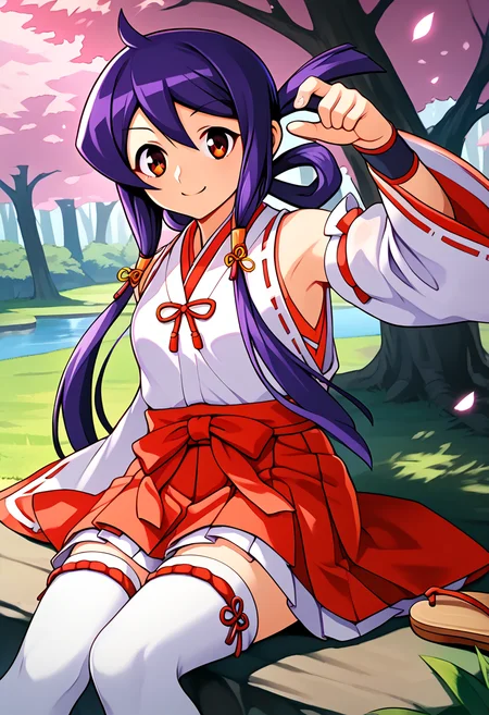 score_9, score_8_up, score_7_up, BREAK source_anime, best quality, masterpiece,very aesthetic, zPDXL2,official art,detailed_eyes,1girl, solo,
kaidou_akane, purple hair, red eyes, long hair, sidelocks, teenage, 
sarashi, ribbon trim,sarashi, red ribbon, white detached sleeves, white japanese clothes, red short hakama, red skirt, white thighhighs, miko, zettai ryouiki, sandals
<lora:kaidou_akane_pony_v1:1>
( sitting:1.3),(dynamic pose),
smile, closed mouth,
looking at viewer,(cowboy shot,:1.4 ),
outdoors, forest