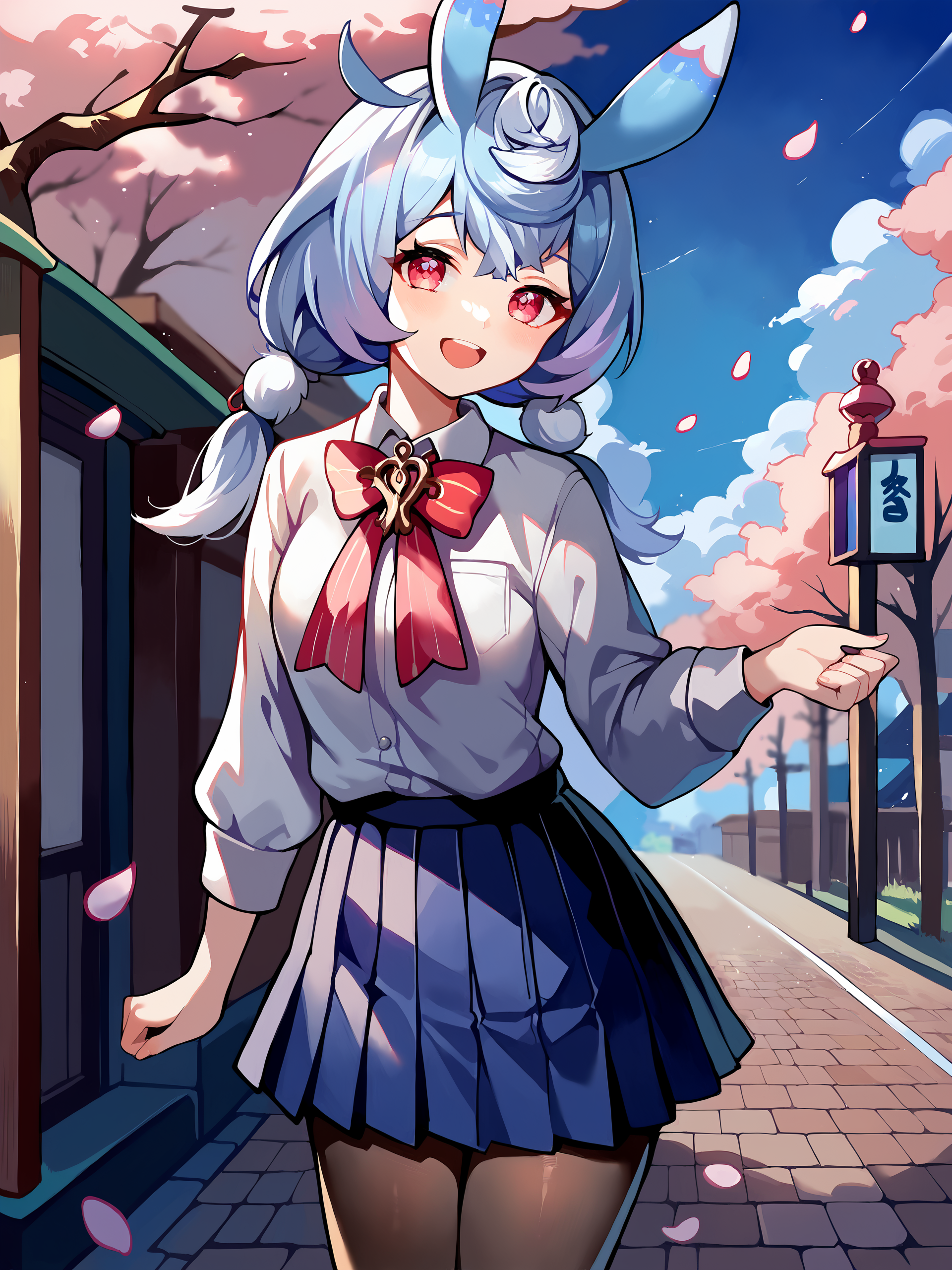 1girl, sigewinne \(genshin impact\), solo,  low twintails, animal ears, school uniform, white shirt, sweater, pleated skirt, pantyhose, smile, open mouth, looking at viewer, outdoors, street, cherry blossoms, petals, depth of field score_9, score_8_up, score_7_up, source_anime,  <lora:Char-Genshin-Sigewinne-V1-Pony:1>  <lora:naipf:0.6>
