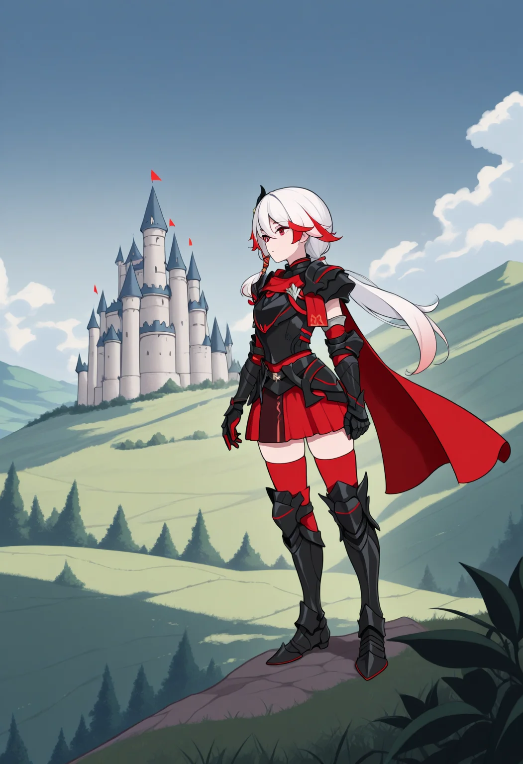 masterpiece, best quality, 1girl, solo, HuaSwAFi, red eyes, white hair, red streak, low ponytail, hair ornament, black armor, red cape, black gauntlets, red skirt, red thighhighs, black armored boots, outdoors, nature, wide shot, hill, castle, <lora:ChamFuHuaNoob:1>