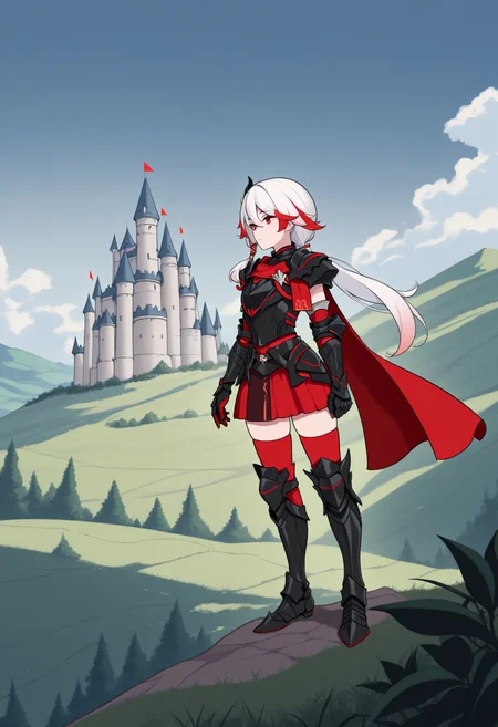 masterpiece, best quality, 1girl, solo, HuaSwAFi, red eyes, white hair, red streak, low ponytail, hair ornament, black armor, red cape, black gauntlets, red skirt, red thighhighs, black armored boots, outdoors, nature, wide shot, hill, castle, <lora:ChamFuHuaNoob:1>