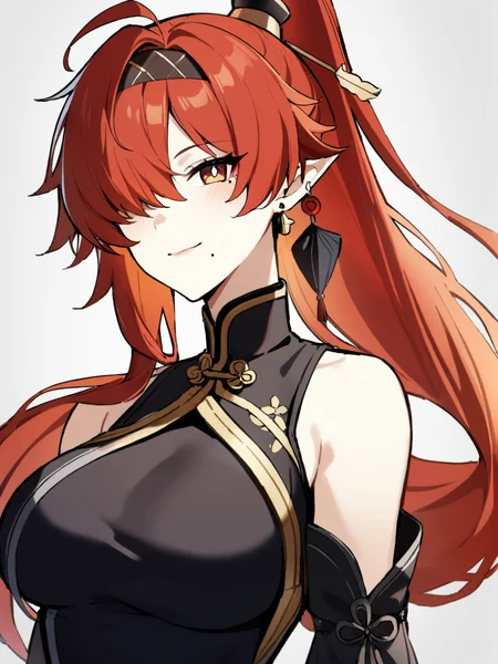 1girl,
yinlin \(wuthering waves\),
solo, white background, breasts, mole under mouth, very long hair, bare shoulders, upper body, ahoge, single earring, long sleeves, jewelry, detached sleeves, simple background, hair over one eye, red hair, black dress, mole, dress, china dress, mole under eye, smile, chinese clothes, ponytail, looking at viewer, long hair, closed mouth, brown eyes, earrings,
masterpiece, best quality, safe
<lora:mki-ani3-yinlin-v1:1>