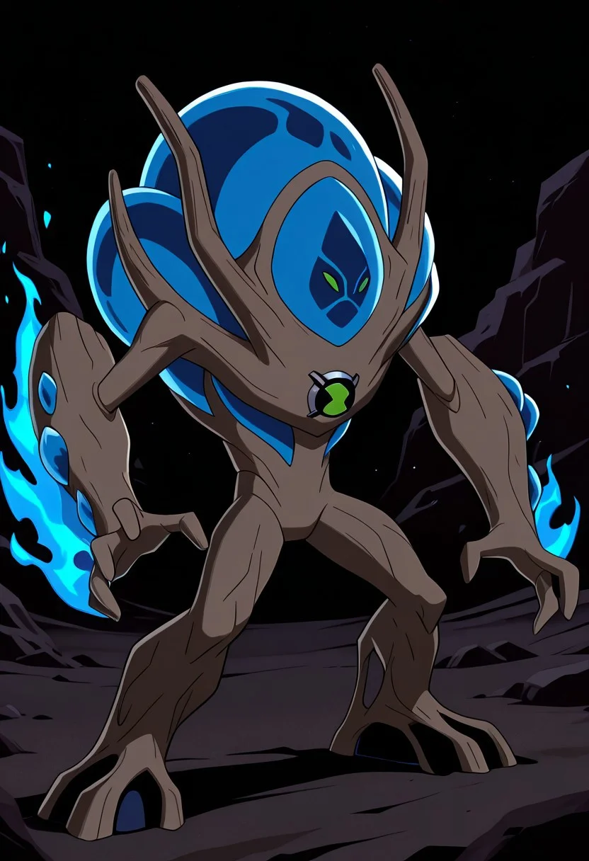masterpiece, best quality, amazing quality, very aesthetic, absurdres, newest,
,ultswam, standing, pokemon (creature), solo, green eyes, monster, brown skin, alien, massive arms, no humans,
black desert, black sand, blue fire, blue flames, shooting fire, pose,