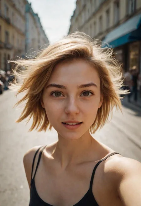 Create a selfie photo taken with the front camera of an iPhone 15. An ultra-realistic and detailed photo of a beautiful 23-year-old woman, with short dark blonde hair, with a nostalgic expression, captured in motion on a street in Kiev in Ukraine, With motion blur, it is captured in natural daylight.