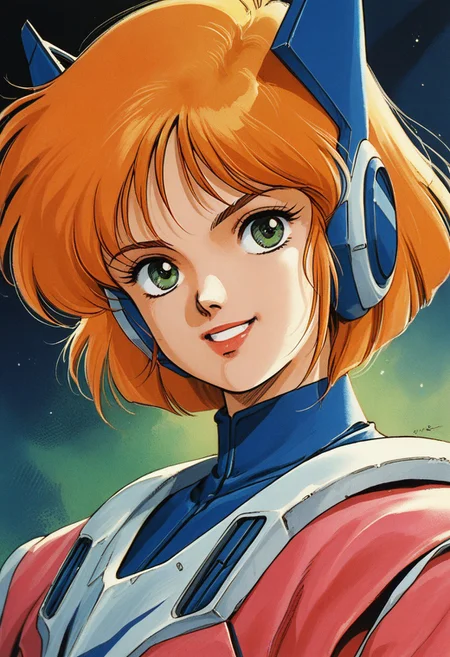 EnD_1980s_Style, 1980s (style), 1girl, green eyes, headgear, looking at viewer, orange hair, retro artstyle, science fiction, short hair, smile, solo, traditional media, upper body ,cinematic angle, cinematic lighting, , score_9, score_8_up, score_7_up, score_6_up, score_5_up, score_4_up,
