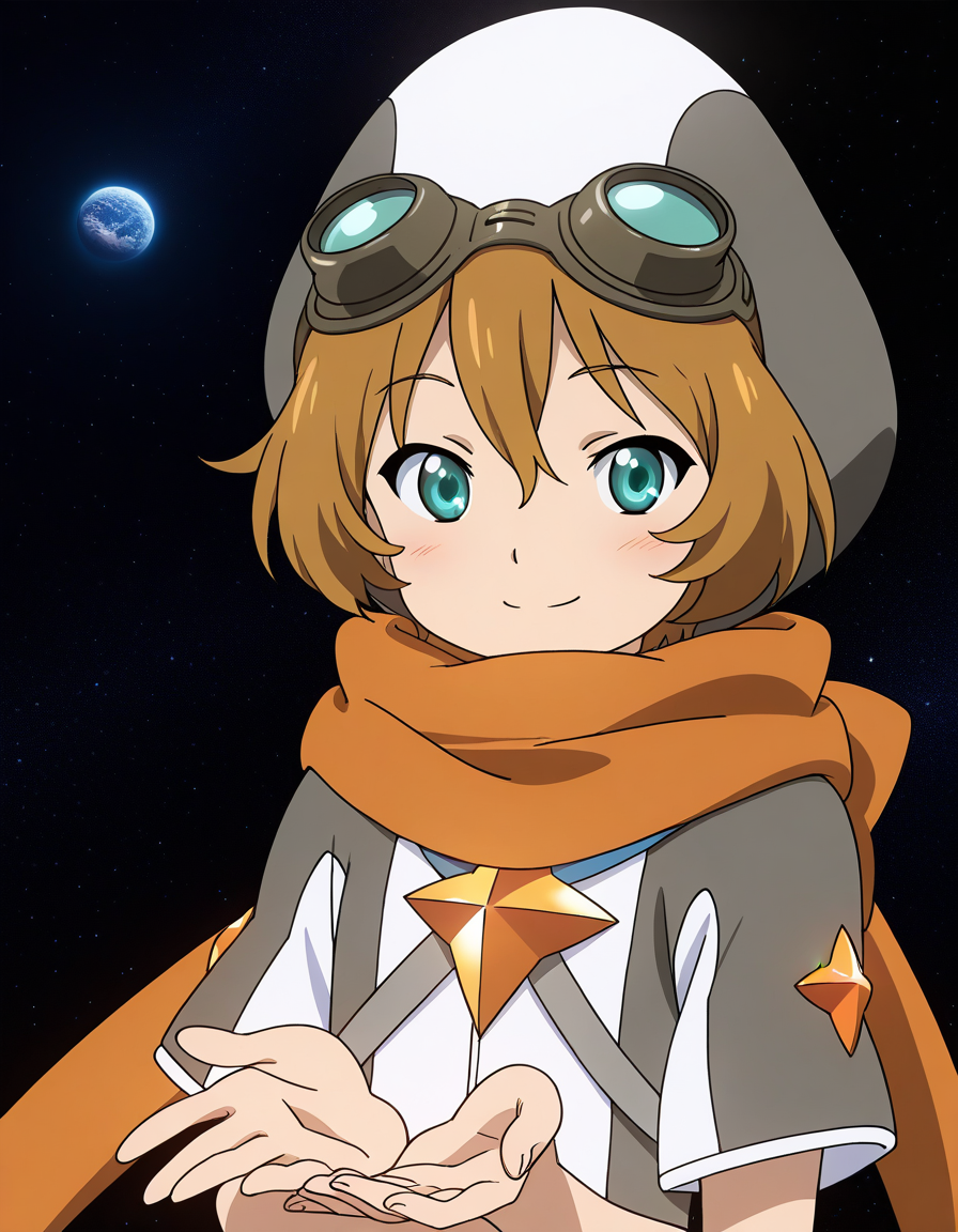 general,highres, ultra-detailed,very aesthetic,best quality ,best hands,  BREAK <lora:Elnath_Houkago_no_Pleiades_IS:1> Elnath(Pleiades), 1boy,solo, scarf, goggles, brown hair, goggles on head, short hair, aqua eyes, 
hat, anime coloring,
1girl, solo, space, 
orange scarf, upper body, hood, looking at viewer, personification, 
smile,