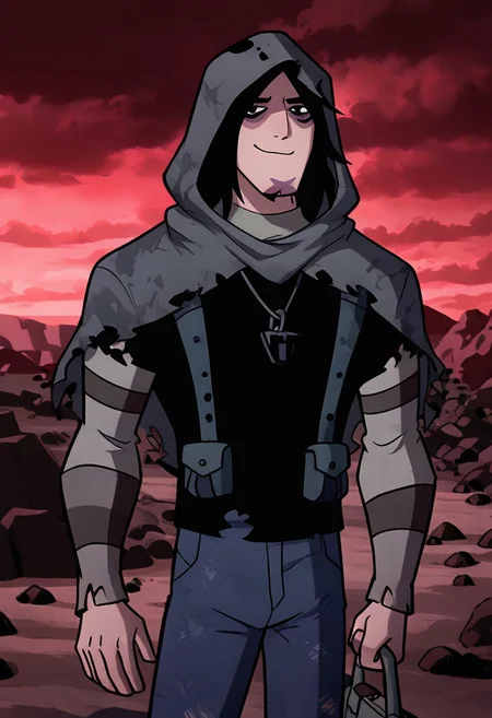 masterpiece, best quality, amazing quality, very aesthetic, absurdres, newest,
kevinov, black hair, bags under eyes, long hair, black eyes, necklace, goatee, layered sleeves, black shirt, long sleeves, short over long sleeves, torn clothes, striped sleeves, jeans, overall belt, 
black desert, black sand, black ground, black sand dunes, red sky, red clouds, rocks, black pyramids, wearing cloak, gray cloak, hood up, gray scarf, smug, cloak covering body, blowing in the wing, strong winds, holding bag, upper body, dynamic pose,