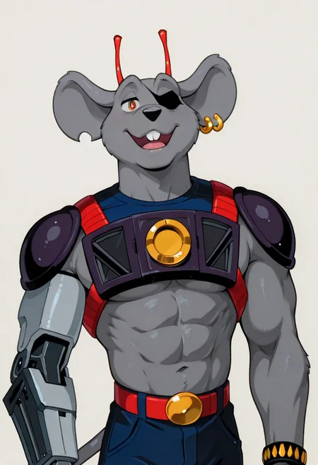 detailed background, detailed fur, cowboy shot, dynamic pose, solo, 1boy, adult, mouse tail, part of ear missing on lower left ear, two earrings on right ear, muscular, red belt with gold buckle, robotic corset on torso, mouse, two red alien antennae on head, robotic prosthesis instead of right hand, classic animation, blue pants, mouse face, 2D, modo, shoulder pads, red pupils, gray mouse, furry, mouse ears, male, two front teeth sticking out, black bandage on right eye, Cartoon, 4k resolution, 8k resolution, best quality, very aesthetic, newest, masterpiece, best quality, amazing quality, very aesthetic, absurdres, newest, high res, ultra detailed, best quality, best artwork, detailed eyes, (eyes focus), perfect eyes, big iris, pupils shown, white dot on eye, perfect cartoon animated eyes, visible clear eyes, 4k, ultra quality, perfect face, absurdres,masterpiece,best quality,amazing, standing pose