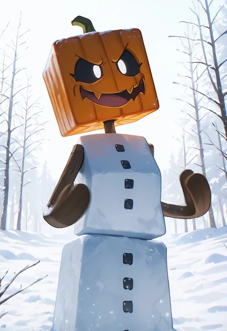masterpiece, best quality, amazing quality, very aesthetic, absurdres, newest, detailed background, foreground blur, volumetric lighting, sharp, 4k, hd, 
snowglm, no humans, white body, pumpkin head, solo, standing, cube head, cube body, stick hands, brown arms, sharp mouth, big mouth, snow, Antarctica, upper body, cowboy shot, evil smile, angry eyes,