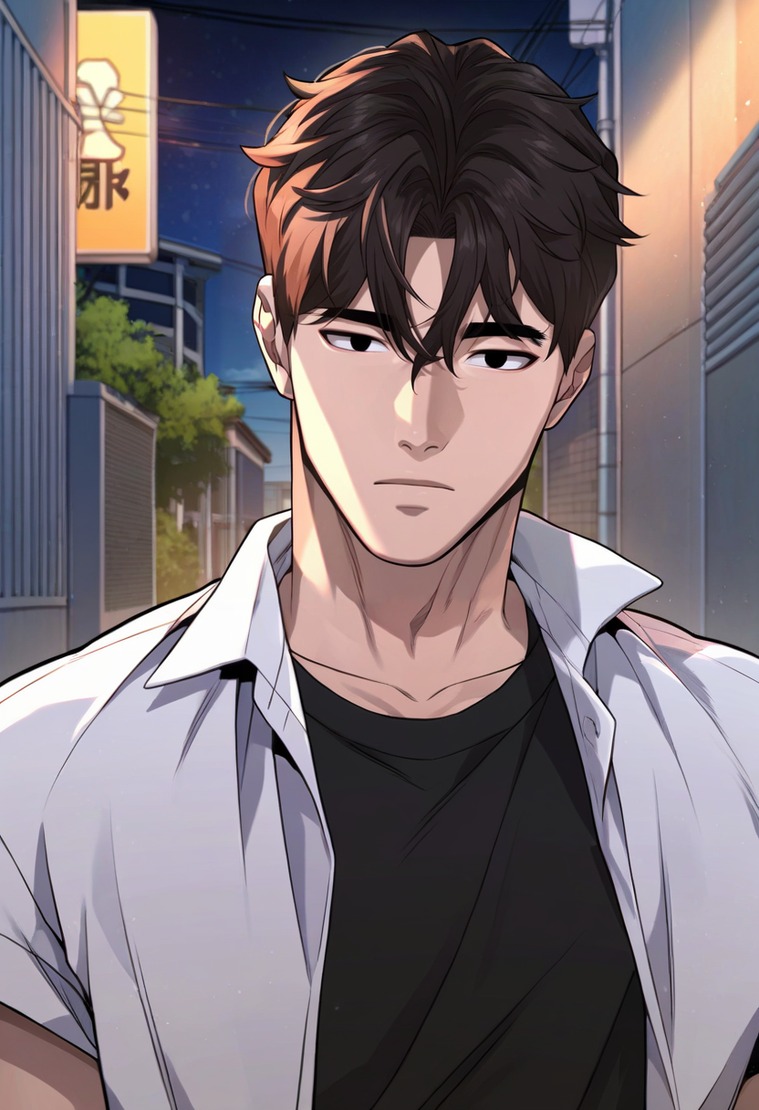 1boy, male focus, solo,
<lora:Character - Questism - Gu_HajunPony-10 (2):1> guhajun, short hair, black hair, black eyes, muscular, muscular male
((zPDXL)), score_9_up, score_8_up, score_7_up, score_6_up, score_5_up, score_4_up, best quality, amazing quality, best aesthetic, absurdres, year2023, uncensored, nsfw, official art, official style, depth of field, detailed eye,
outdoors, night, alley, school uniform, open shirt, t-shirt,  upper body,