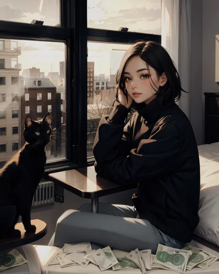 (style of Annie Leibovitz) woman sitting on her bed counting money, bills stacked in front of her, black cat sleeping next to her, bills separated by denomination, modern apartment, messy, soft natural lighting, casual clothing, slight smile, contemporary bedroom decor, unmade bed, scattered magazines, urban view from window, morning light, cozy yet cluttered atmosphere