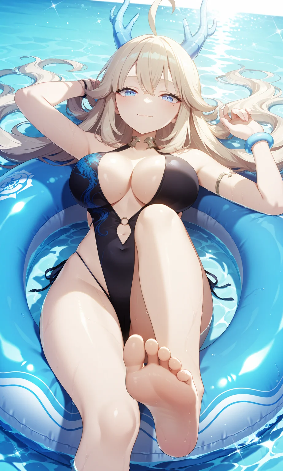 highres,best quality,highly detailed,masterpiece,ultra-detailed,extremely detailed,high resolution,4K,8K,beautiful,dynamic lighting,super detailed skin,sharp focus,score_9,score_8_up,score_7_up,source_anime,masterpiece:1.2,very aesthetic,
absurdres, newest, amazing quality,
ultra detailed, best anatomy, HDR, high detail RAW color art, high contrast, large pupil,
Show less<lora:honglaneversoul:0.9>, honglan(eversoul),
on_innertube, on back, from above, smile, happy, (((foot_focus))), ocean, mole, (((foreshortening))), (((presenting_foot))), (((feet))), leg_up,