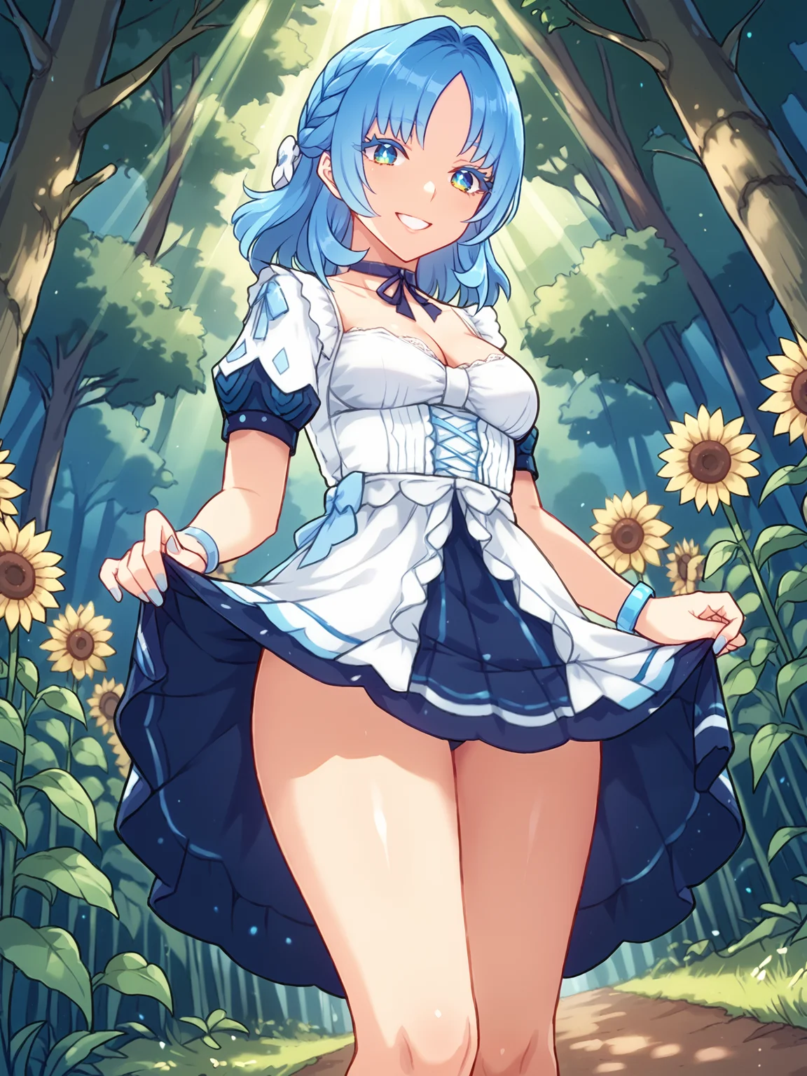 score_9, score_8_up, score_7_up, source_anime, BREAK
(detailed face, detailed eyes, cowboy shot:1.5), (beautiful forest garden, surrounded by sunflowers, field of sunflowers, perfect lighting, god rays, bloom:1.5), outdoors, daytime, bending forward, from side, teeth, (pov:1.3), (gentle smile:1.5), (perspective, dutch angle:1.5), BREAK
<lora:Genshin_NPC_MaryAnn_Pony_v1:0.8>, (long eyelashes, thick eyelashes:1.5), 1girl, solo, shiny hair, (blue hair:1.1), parted bangs, shiny blue eyes, blue nails, nail polish, toenail polish, bow, ribbon, jewelry, collarbone, cleavage, choker, medium hair, puffy white sleeves, short sleeves, white dress, (frills, lace:1.5), french braid, (bracelets:1.3), hair intakes, medium breasts, lips, (thighs, bare legs:1.5), skirt tug, skirt lift,