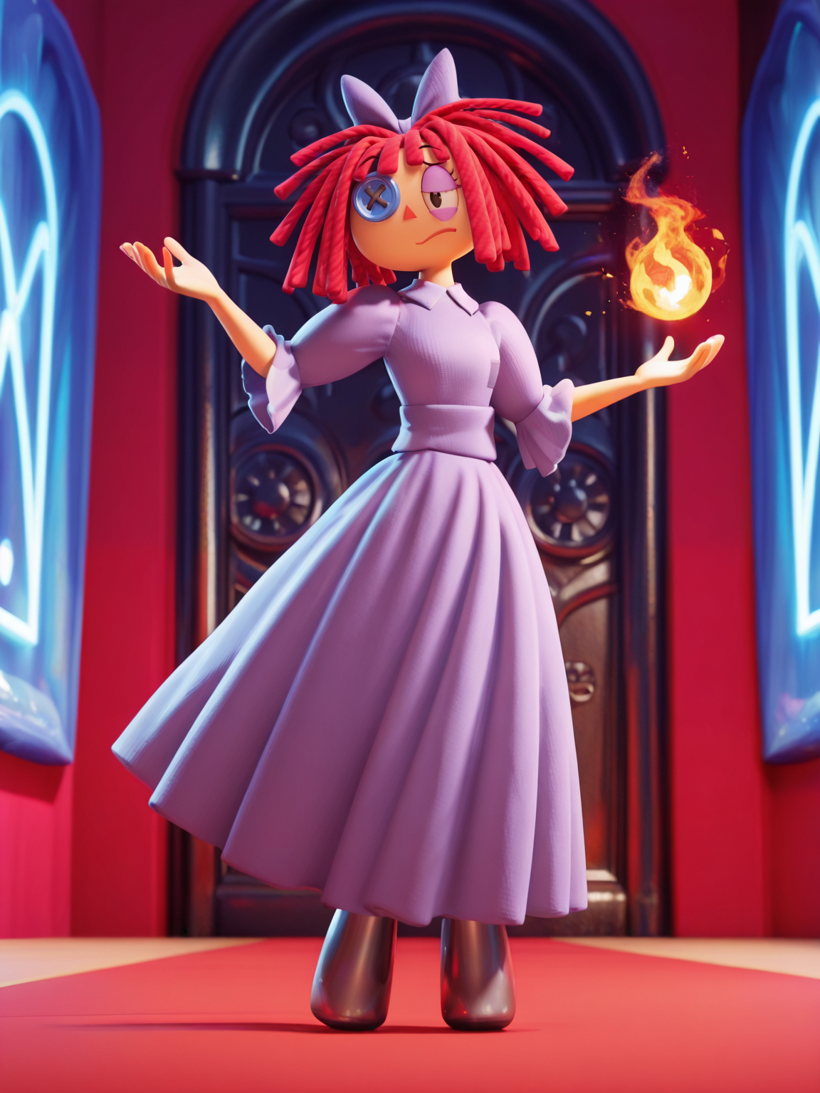 <lora:dollIL:0.9> d_ll, 1 girl,rag-doll, red yarn-like hair, flat orange triangular nose, blue button eye and black pupil in actual eye, purple bow in hair,
magic, magic robe, steel armor,glowing liens, fireball, action, full body, glowing background, magic background