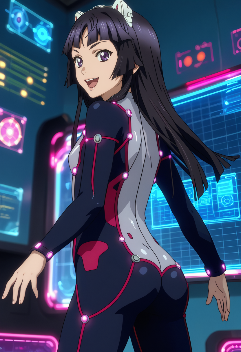 score_7_up, anime screencap,
<lora:GuiltyCrown_TsugumiXL:0.9>,
1girl, open mouth, light smile,
long hair, black hair, hime cut, purple eyes, fake animal ears, hairband,
TsugumiSuit, two-tone suit, black bodysuit, grey bodysuit, neon trim,
standing, looking at viewer, cowboy shot, ass,
blurry background, blue background, holographic interface