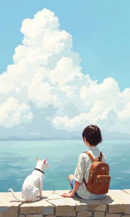 Full outdoor shot of a young woman and a white cat seated on a stone wall overlooking a body of water under a partly cloudy sky. 
The woman is sitting facing away from the camera. She has short, dark brown hair, and is wearing a light-colored,  possibly white or light gray, loose-fitting top or shirt. She has a brown backpack slung over one shoulder. 
The cat sits next to her, facing the camera, and has white fur.  A collar is visible around its neck.
The stone wall where the figures are sitting is light grayish-tan. The body of water in the background is a light blue-gray, suggesting calm seas. The sky is light blue, and large, fluffy white clouds are scattered across it.  The lighting suggests a bright, sunny day. A sense of peaceful calm and tranquility permeates the scene.
<lora:FLUX-daubrez-DB4RZ-v2:1> DB4RZ, DB4RZ style painting