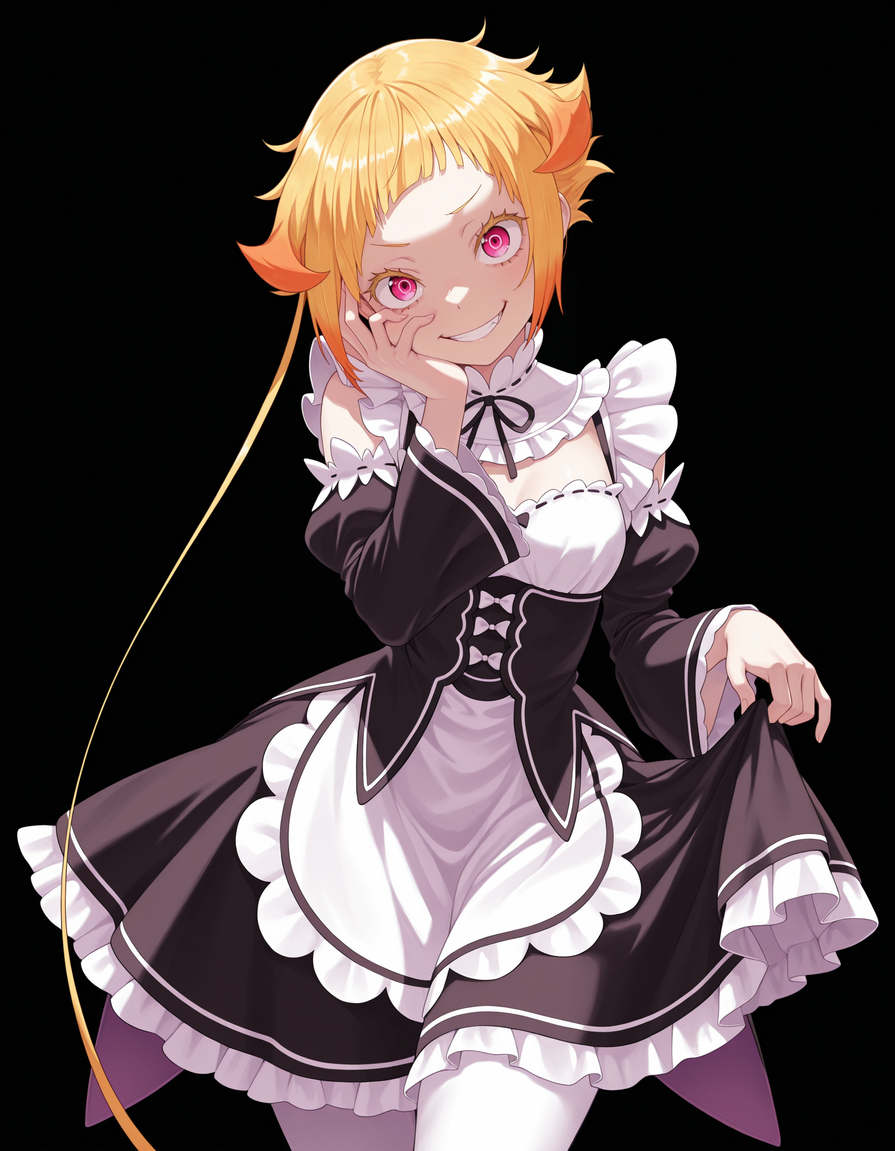 <lora:Capella Illu v3:1>
capell4, multicolored hair, blonde hair, orange hair, pink eyes, thick eyelashes, 
roswaal mansion maid uniform, curtsey, looking at viewer, grin, head tilt, one hand on own face
white pantyhose, 
(simple background:1.4), (black background:1.4), masterpiece, best quality, amazing quality