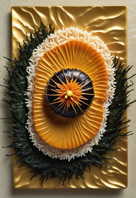 Luxurious Uni Sushi (Sea Urchin) on Nigiri Rice, Velvety Gold with a Glossy, Natural Sheen, Surrounded by Waves of Dark Seaweed, Set Against a Textured Ceramic Plate, Highlighting the Richness and Intricacy of Sea Urchin as a Delicacy