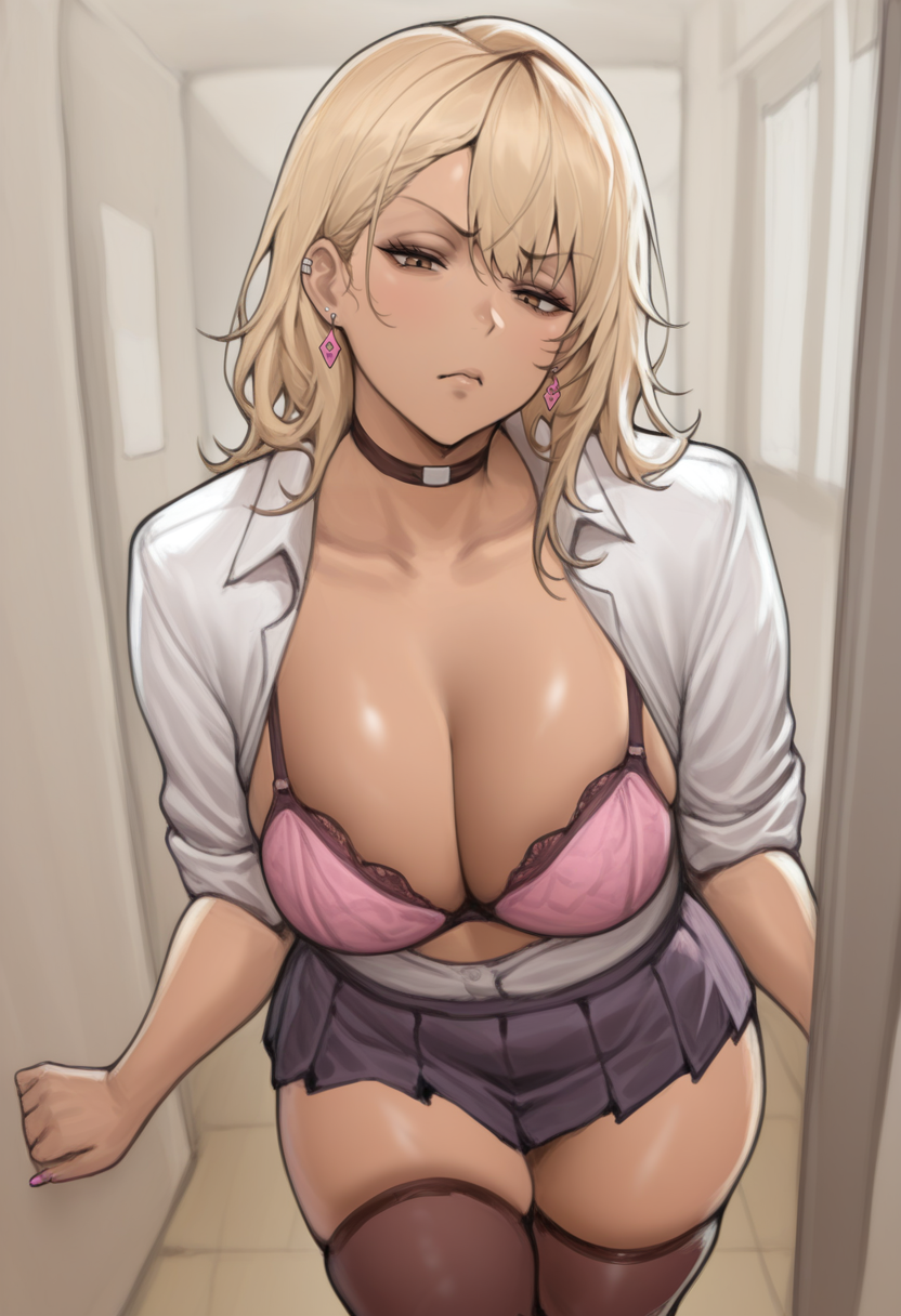 masterpiece, best quality,
1girl, solo,
tanding, looking at viewer, disdain, blonde hair, medium hair, gyaru, medium breasts, school uniform, skindentation, cleavage, skirt, thighhighs, choker, earrings, sleeves rolled up, underwear, bra,
 <lora:Boingoo_Style:1> B01ng00,