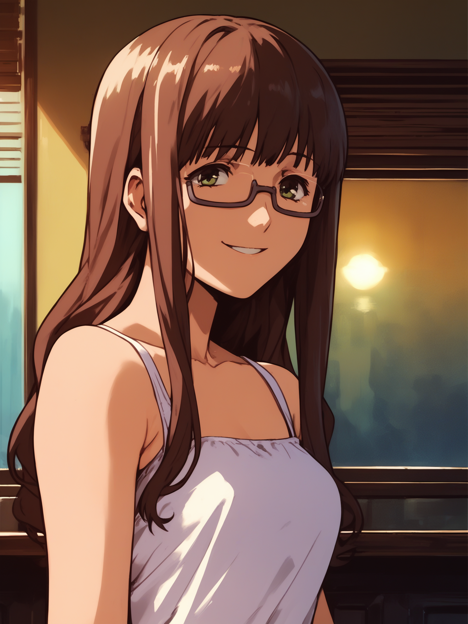 <lora:happy_tentacle-hikaru-v0.2-000030:0.9>, ht_hikaru, glasses, under-rim eyewear, sundress , indoors 1girl, solo, upper body , , ( smile :1.2), , looking away , , from side , score_9, score_8_up, score_7_up, score_6_up, score_5_up, score_4_up