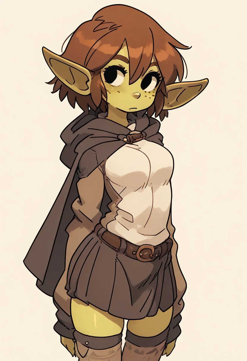 score_9, score_8_up, score_7_up, score_6_up, source_furry, source_anime, (short, diminutive, smol), (humanoid, goblin, hyper ears, long horizontal elf ears, freckles, claws, snaggle tooth, female, small breasts), (poncho, cloak, desert outfit, skirt, long sleeves, thigh socks), cute, adorable, thin, (hair, fluffy hair, short hair, brown hair), (neutral expression), solo, simple background, dynamic pose, looking aside