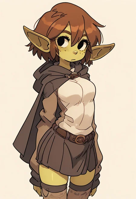 score_9, score_8_up, score_7_up, score_6_up, source_furry, source_anime, (short, diminutive, smol), (humanoid, goblin, hyper ears, long horizontal elf ears, freckles, claws, snaggle tooth, female, small breasts), (poncho, cloak, desert outfit, skirt, long sleeves, thigh socks), cute, adorable, thin, (hair, fluffy hair, short hair, brown hair), (neutral expression), solo, simple background, dynamic pose, looking aside