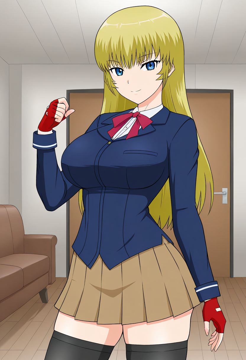 1girl, solo, ryusenkarenplutocrat, blonde hair, long hair, blue eyes, blazer, shirt, large breasts, neck ribbon, fingerless gloves, skirt, thighhighs, indoors, living room, cowboy shot, standing, smile,