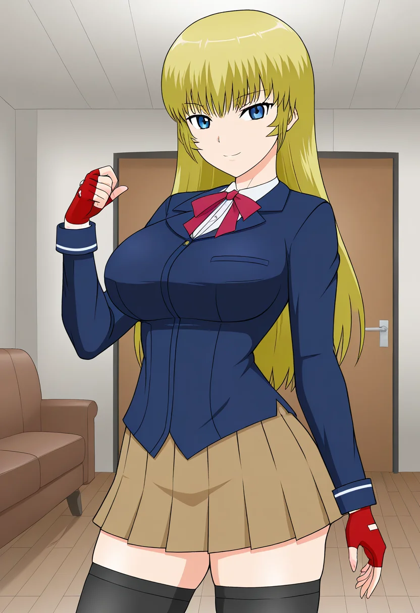 1girl, solo, ryusenkarenplutocrat, blonde hair, long hair, blue eyes, blazer, shirt, large breasts, neck ribbon, fingerless gloves, skirt, thighhighs, indoors, living room, cowboy shot, standing, smile,
