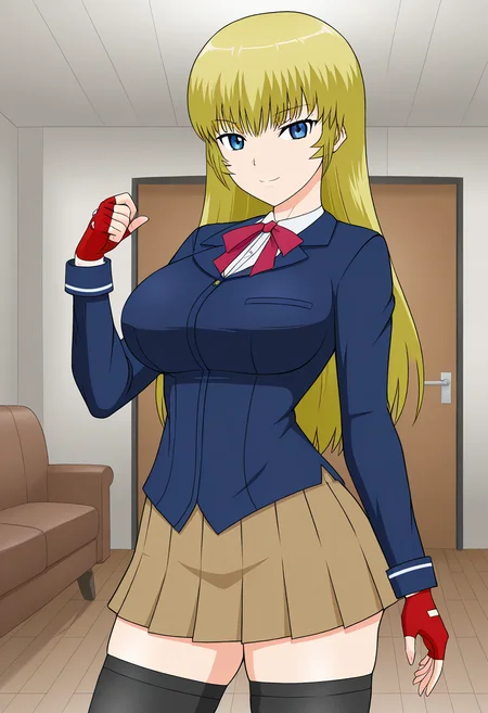 1girl, solo, ryusenkarenplutocrat, blonde hair, long hair, blue eyes, blazer, shirt, large breasts, neck ribbon, fingerless gloves, skirt, thighhighs, indoors, living room, cowboy shot, standing, smile,