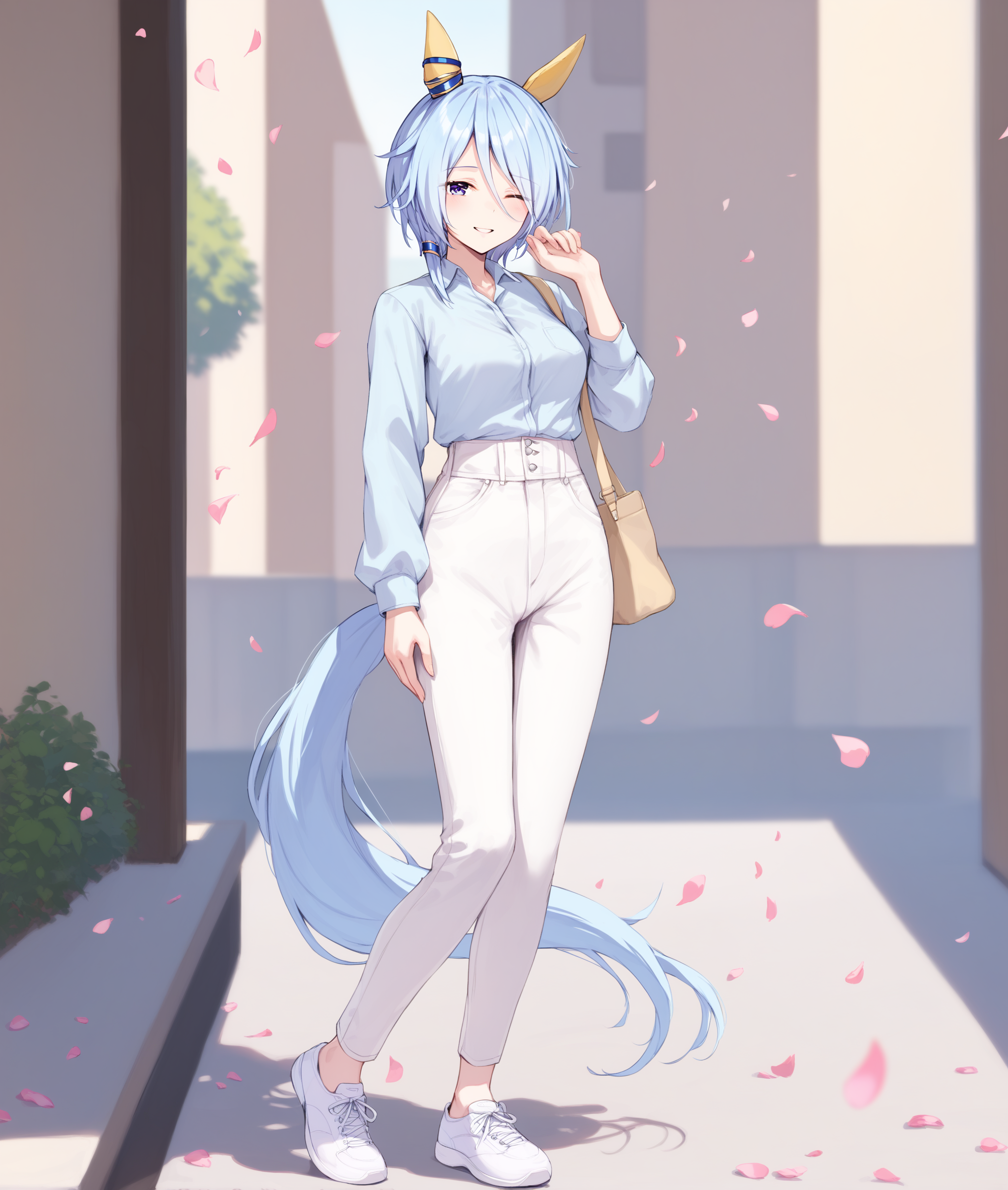 score_9, score_8_up, score_7_up, source_anime, 2D, anime BREAK
outdoors, 
casual_clothes, 1girl, solo, breasts, looking at viewer, blush, smile, bangs, blue eyes, shirt, long sleeves, animal ears, medium breasts, blue hair, tail, one eye closed, collared shirt, pants, hand up, petals, horse ears, blue shirt, horse girl, horse tail, white pants, shirt tucked in, high-waist  white pants, (sports shoes), full body, white shoes, standing, 
<lora:K.S.Miracle-ponyXL:1>,